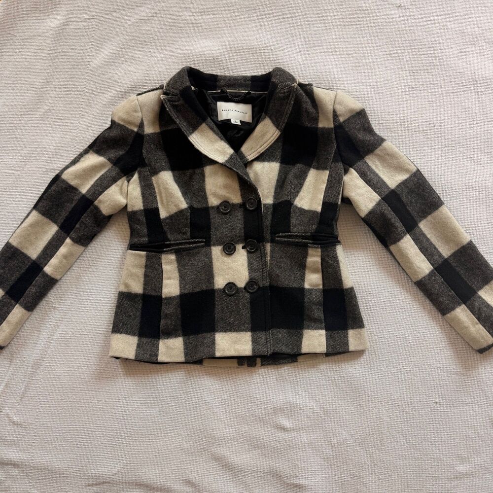 Banana Republic Plaid Wool Blend Peacoat Jacket black white gingham blazer small